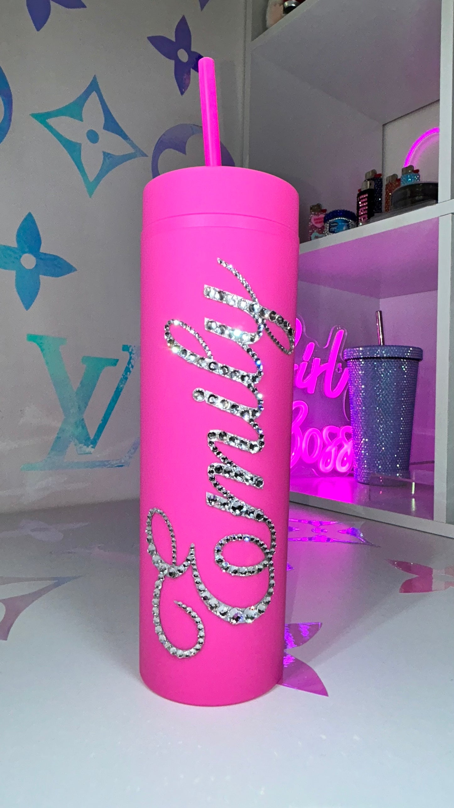 PERSONALISED BLING TUMBLER - HOT PINK - CLEAR CRYSTAL