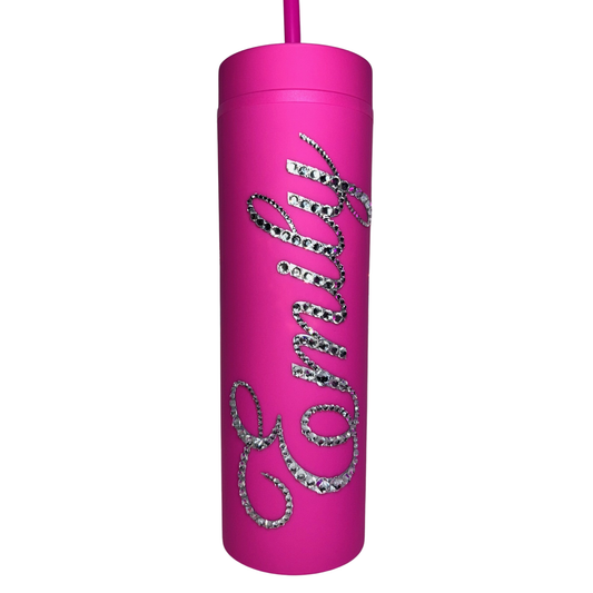 PERSONALISED BLING TUMBLER - HOT PINK - CLEAR CRYSTAL