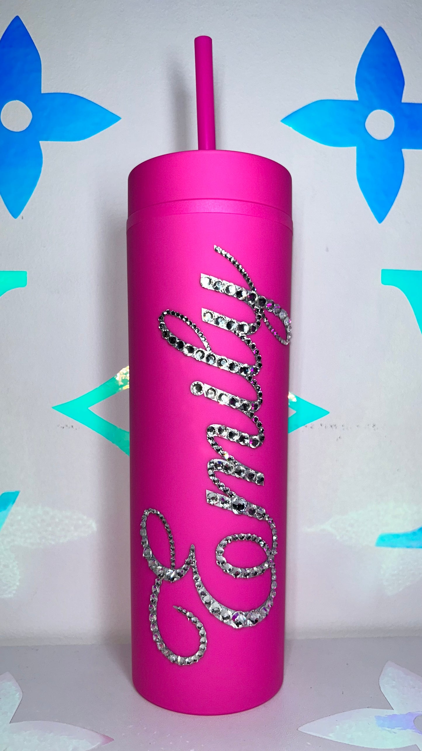 PERSONALISED BLING TUMBLER - HOT PINK - CLEAR CRYSTAL