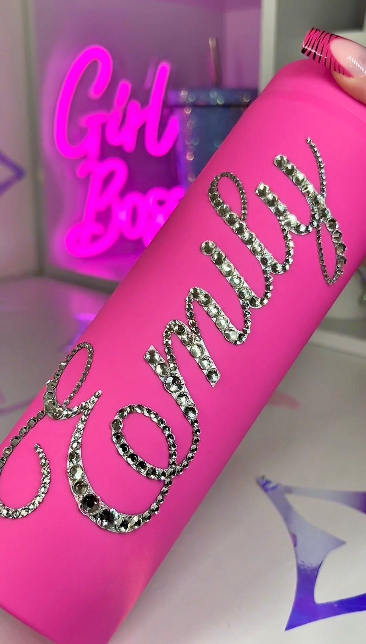PERSONALISED BLING TUMBLER - HOT PINK - CLEAR CRYSTAL