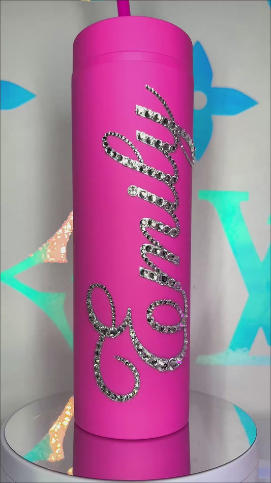 PERSONALISED BLING TUMBLER - HOT PINK - CLEAR CRYSTAL